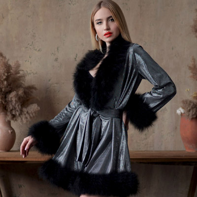 Blck metallic marabou feather luxury dressing gown Erminel