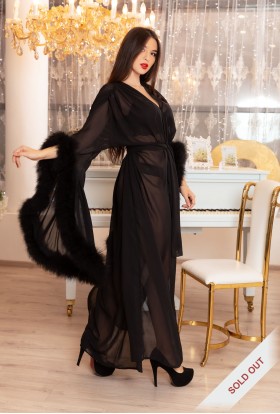 BLACK DRESSING GOWN WITH FEATHER SLEEVES BLACK DRESSING GOWN WITH FEATHER SLEEVES