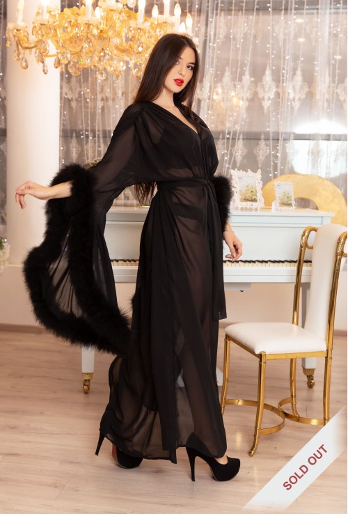 BLACK DRESSING GOWN WITH FEATHER SLEEVES. The best Valentine's Day Gift idea for women.