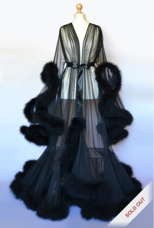 BEAUTIFUL TRANSPARENT BLACK FEATHER LONG BOUDOIR DRESSING GOWN