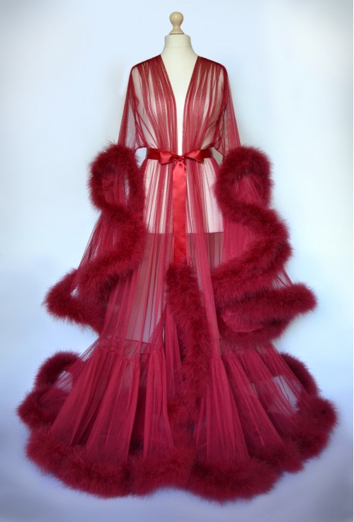 BURGUNDY MARABOU FEATHER LUXURY DRESSING GOWN FROM TRANSPARENT MESH. The best Valentine's Day Gift idea for women.