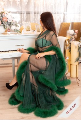 DARK GREEN MAXI LUXURY MARABOU FEATHER DRESSING GOWN GREEN LONG FASHIONABLE CHIC FEATHER LINGERIE