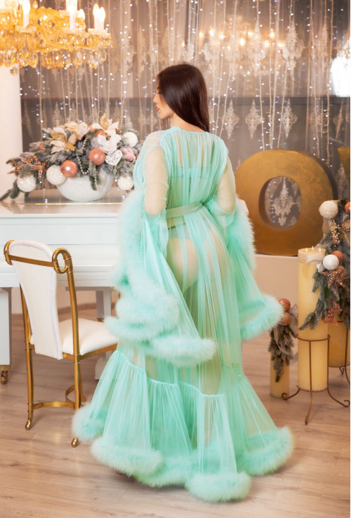 Erminel Mint Green Menthol Turquoise Burlesque Boudoir robe Sexy Luxury Marabou Feather Lingerie for  Wedding, Maternity photo shoot