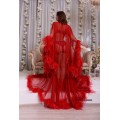 Erminel. Ostrich Red Feathers Long Transparent Sexy Boudoir Robe. Burlesque Pin-up Sexy lingerie. Best St.Valentine Gift for women.