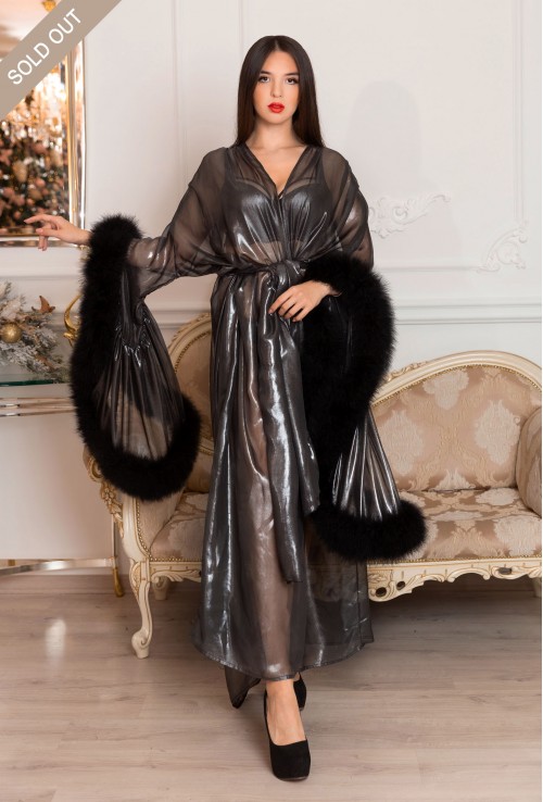 SILVER METALLIC CHIFFON DRESSING GOWN WITH BLACK MARABOU FEATHERS