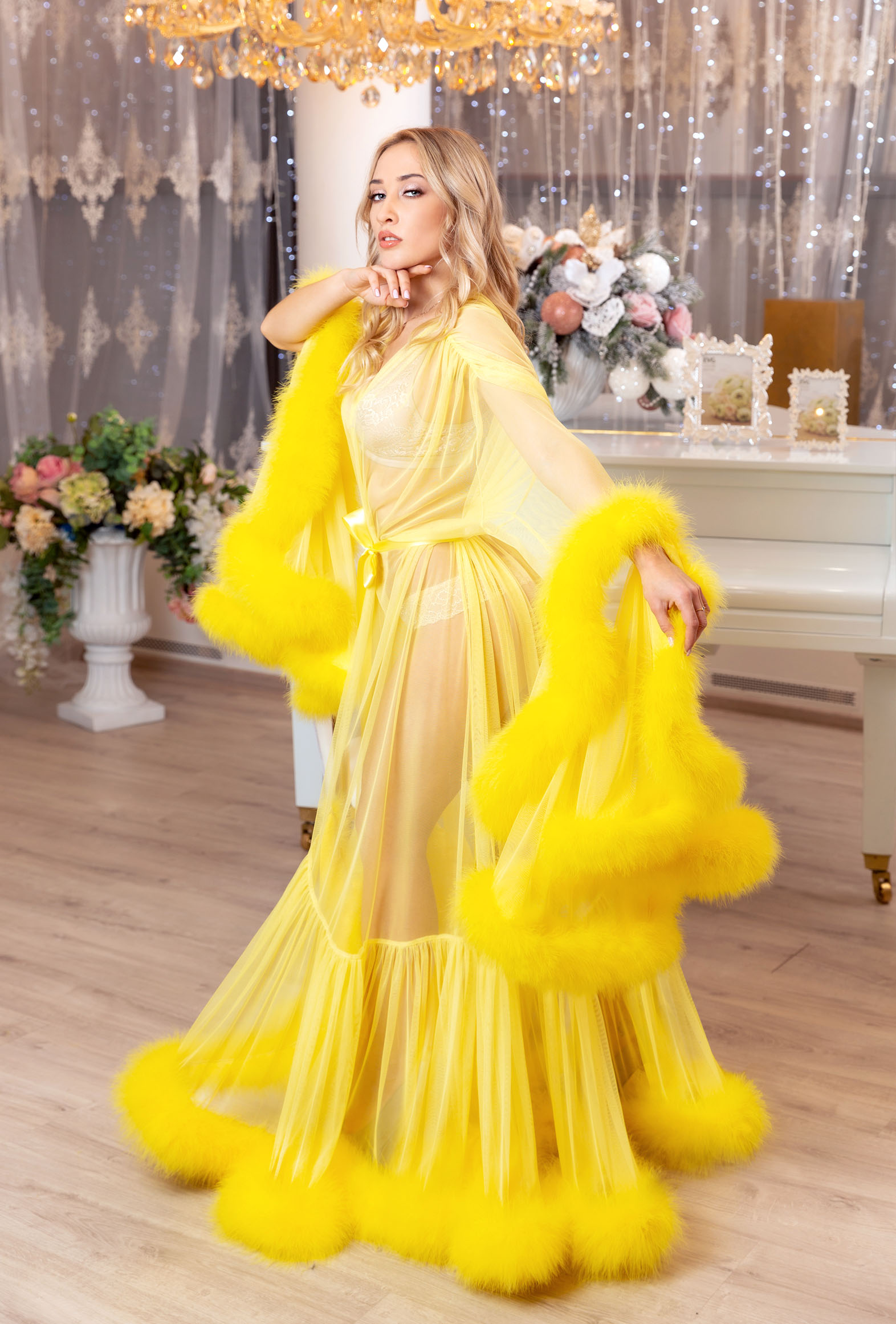 Yellow Marabou Feather Robe, Luxury Lingerie
